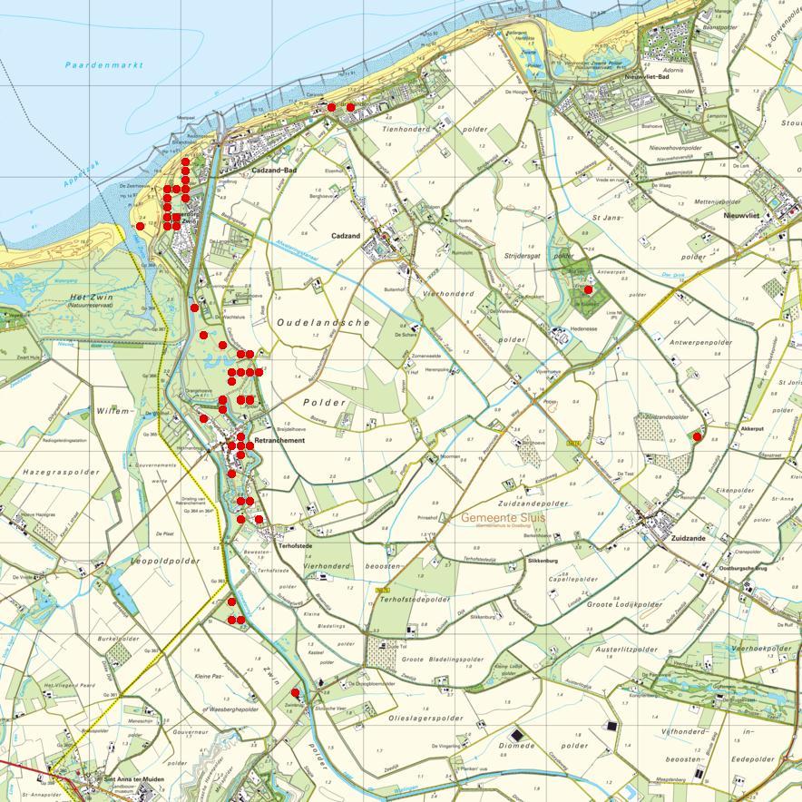 Boomkikker in West Zeeuws Vlaanderen 13 3.2. Situatie rond Cadzand-Bad De boomkikkerpopulaties in de Kievittepolder staat nu vrijwel in verbinding met de populatie in Retranchement (zie figuur 3.1).