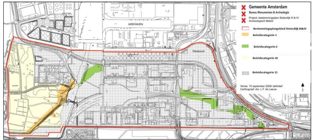 Figuur 14: Archeologische beleidskaart Sloterdijk III (BO 09-080, september 2009) In de legenda s is te zien dat sprake is van een aantal verschillende beleidscategorieën: Beleidscategorie 3 bij hoge