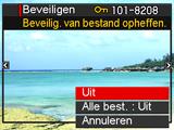 Beschermen van een bestand tegen wissen (Beveiligen) Procedure [p] (WEERGAVE) * [MENU] * WEERGAVE indextab * Beveiligen Aan Alle best. : Aan Beveiligt specifieke bestanden. 1Blader d.m.v. [4] en [6] door de bestanden totdat het te beschermen bestand wordt getoond.