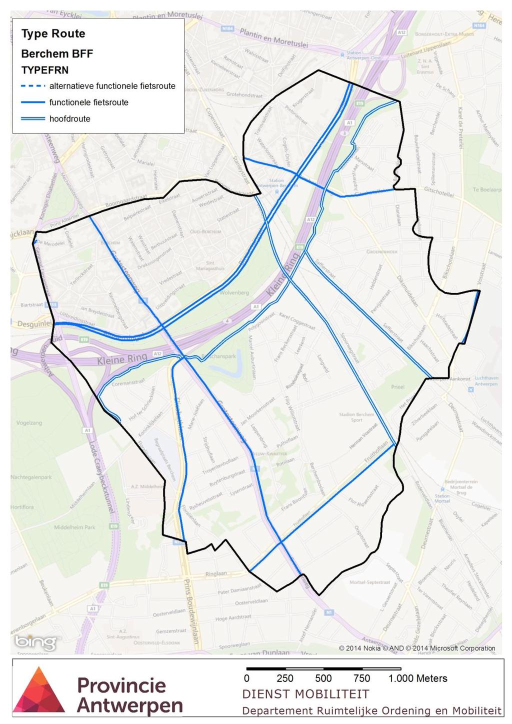 Wanneer het BFF wordt bekeken vanuit de categorisering van BFF type dan zijn er 12,2km functionele routes, en 6,3 hoofdroutes. In het geval van Berchem is o.a. de fietsostrade Antwerpen Mechelen zo n hoofdroute, maar ook het Ringfietspad.