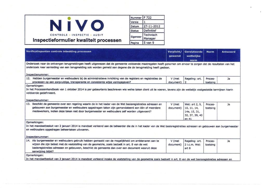 N 1 VO Inspectieformulier kwaliteit processen F 722 5 van 9 Verificatiepunten controle inbedding processen Verplicht/ Gerelateerde Norm gewenst wettelijke Antwoord Onderzoek naar de ontvangen