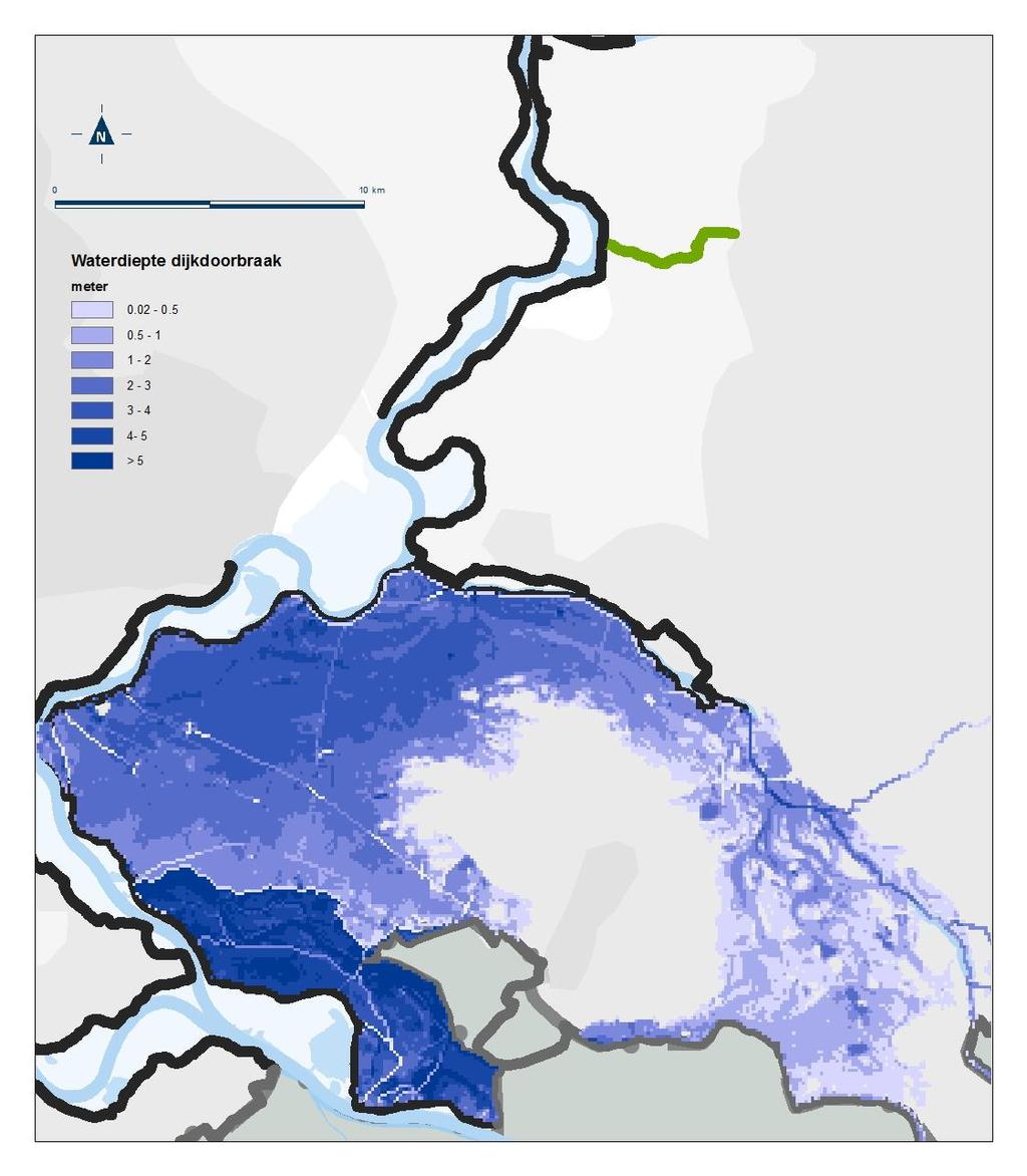 Het totale instroomvolume bij een dijkdoorbraak bij Spijk bij een afvoergolf met een maximaal debiet bij Lobith van ca. 16000 m 3 /s (maatgevende omstandigheden) is ca. 800 miljoen m 3.