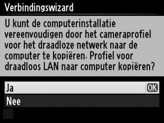 Profielen kopiëren Netwerkprofielen van de camera kunnen naar een computer worden gekopieerd, welke vervolgens automatisch worden geconfigureerd voor draadloze verbinding (merk op dat gebruikers van