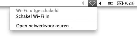 Mac OS X 1 Klik op het Wi-Fi-pictogram en selecteer Schakel Wi-Fi in.