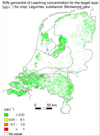 Figuur 8: De 50 percentiel uitspoelingconcentratie in µg/l van bentazon in granen en groenten in Nederland volgens GEOPEARL. Bron: presentatie BASF 13 mei 2005, expertmeeting bentazon.