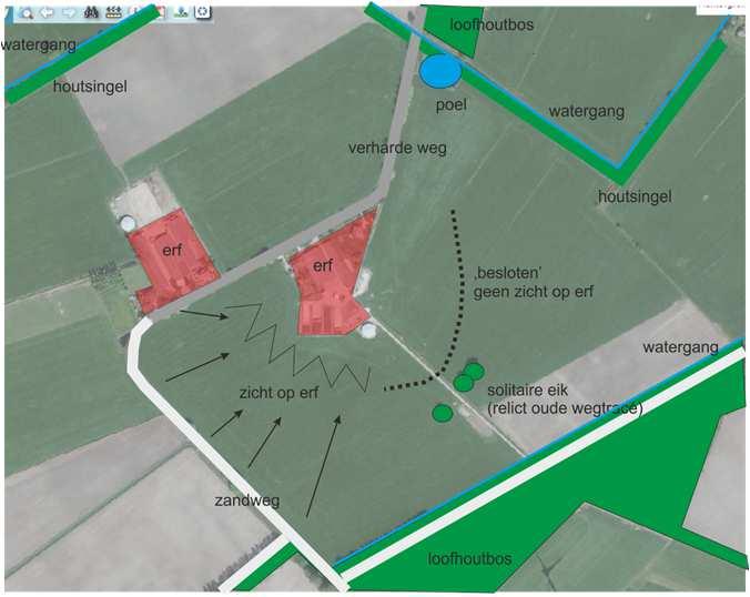 Ruimtelijke analyse van het erf en de omgeving. Zicht op het erf vanaf de zandweg in noordelijke richting. 2.