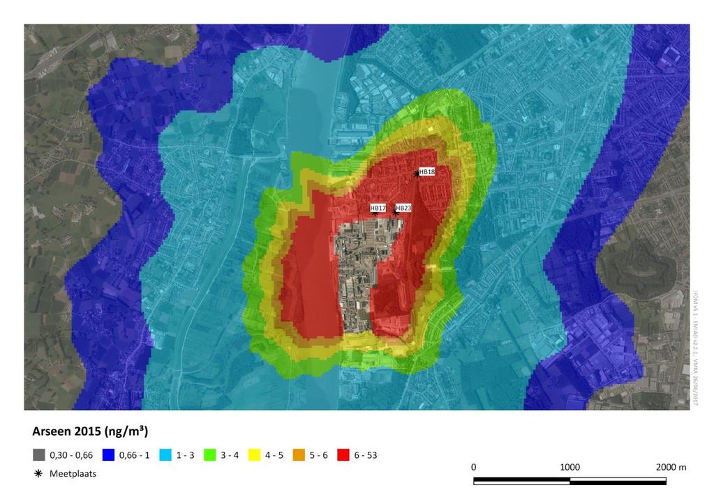 4.4.4 Gemodelleerde arseen- en cadmiumconcentraties te Hoboken In figuren 24 en 25 en tabel 20 worden de gemodelleerde resultaten voor arseen van 2015 en 2016 voor het overschrijdingsgebied Hoboken