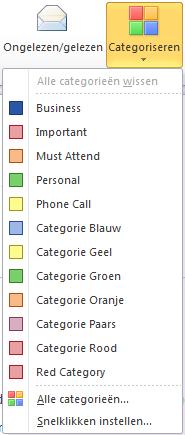 Indelen in categorieën Categoriseren van mails, taken, contactpersonen, afspraken én notities: Klik in het Lint Start op de knop Categoriseren en selecteer kleur Of klik rechts en voer