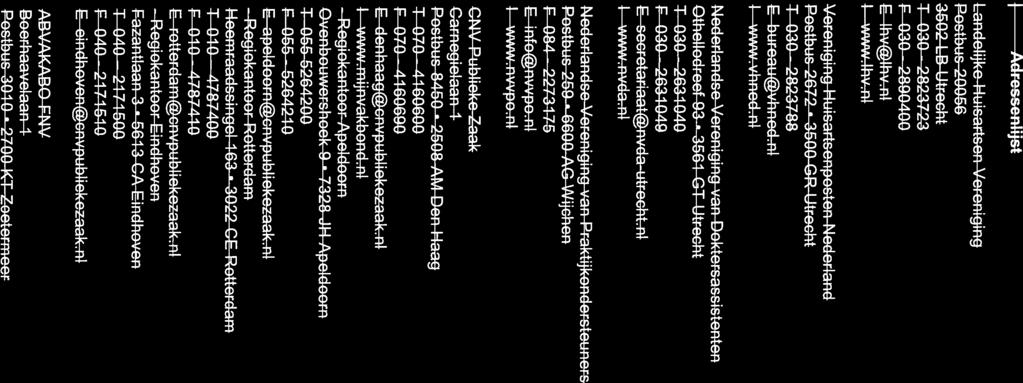 - Regiokantoor Adresenhijst Landelijke Huisartsen Vereniging Postbus 20056 3502 LB Utrecht T 030 2823723 F 030 2890400 E lhv@
