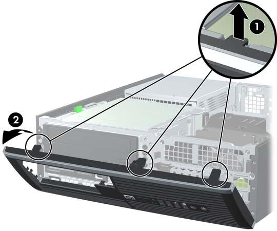 Voorpaneel verwijderen 1. Zorg dat alle beveiligingsapparaten die het openen van de computer verhinderen, zijn verwijderd of ontkoppeld. 2.