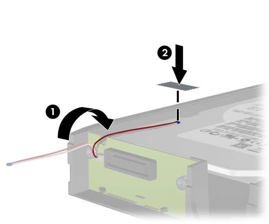 8. Plaats de temperatuursensor zodanig op de bovenkant van de vaste schijf dat het label niet wordt afgedekt (1) en bevestig de temperatuursensor met de plakstrip op de