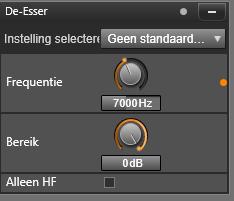 5 De-Esser Dit audiofilter verwijdert op onopvallende wijze sisklanken uit de opgenomen spraak. Frequentie: Met deze knop stelt men in vanaf welke frequentie de De-Esser wordt gebruikt.