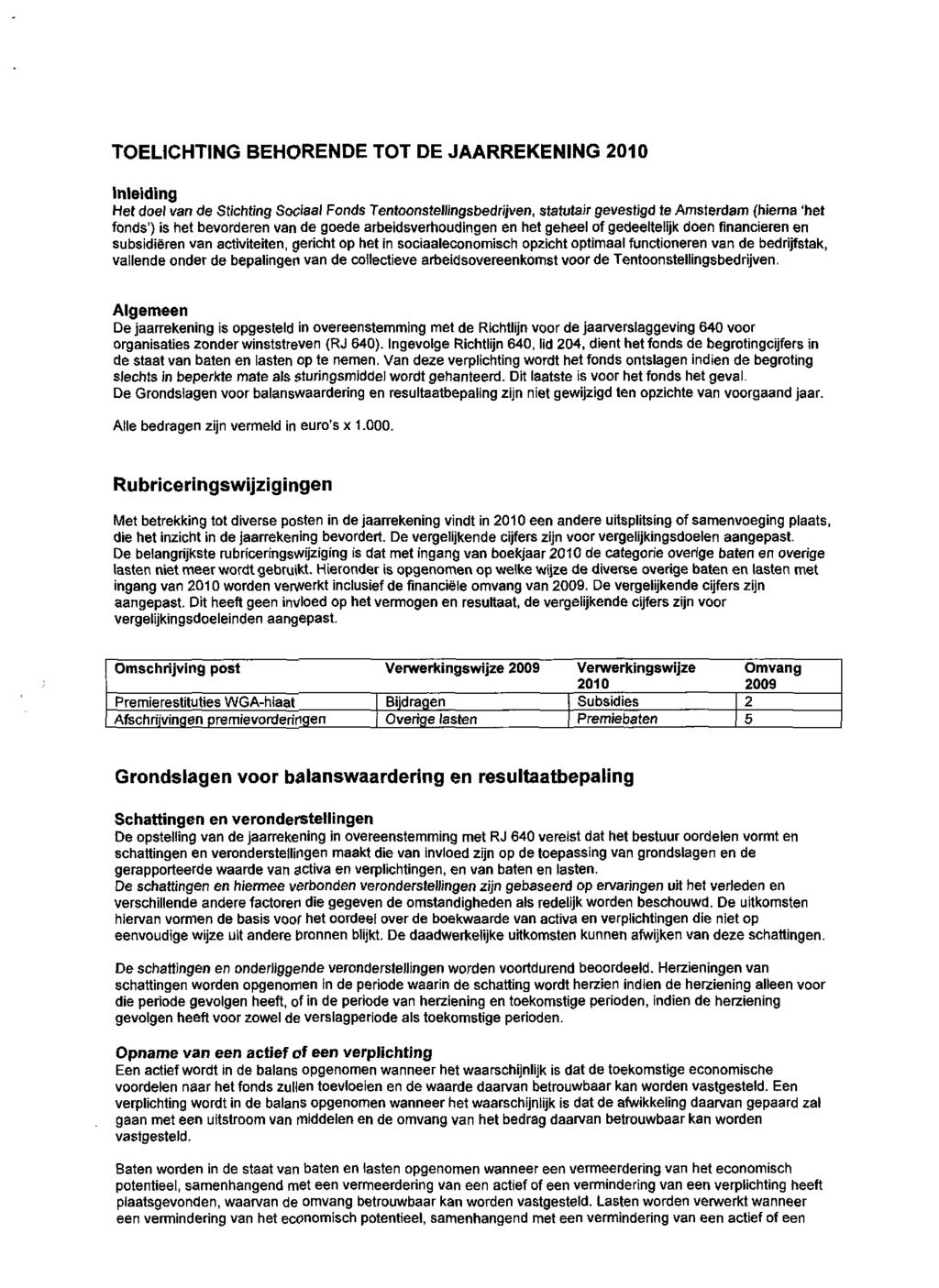 TOELICHTING BEHORENDE TOT DE JAARREKENING 2010 inleiding Het doel van de Stichting Sociaal Fonds Tentoonstellingsbedrijven, statutair gevestigd te Amsterdam (hierna 'het fonds') is het bevorderen van