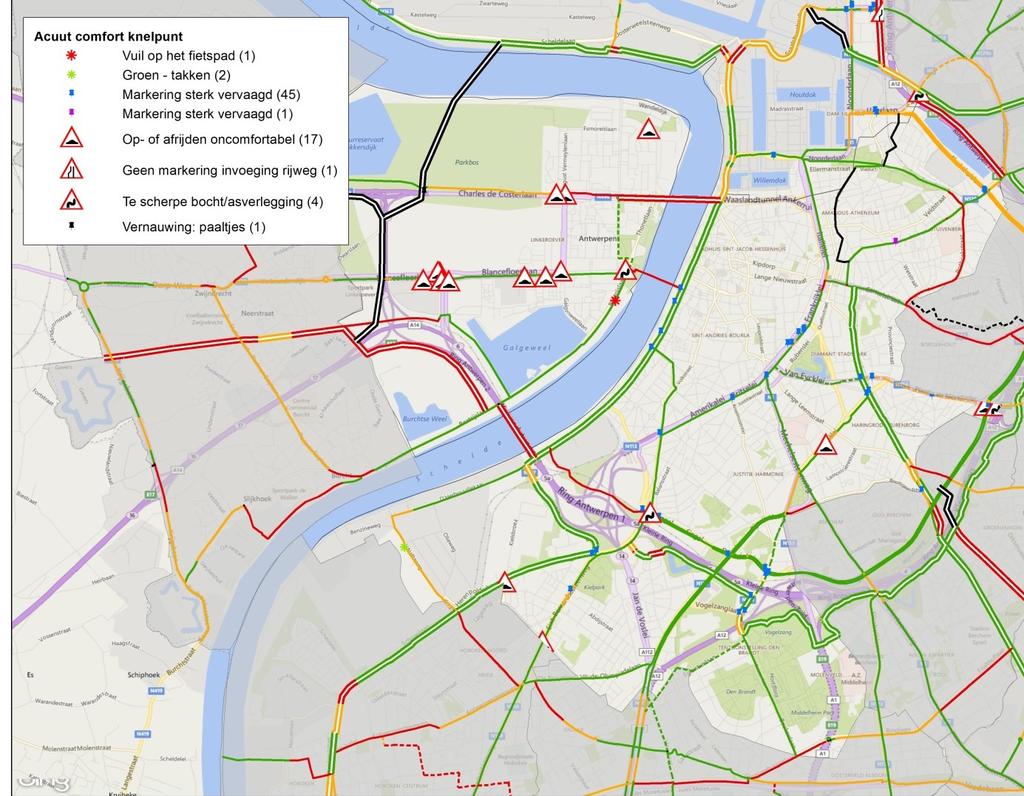 3.4 Beoordeling kruisingen op infrastructurele en veiligheidsknelpunten Acute knelpunten comfort Acute knelpunten hebben een directe impact op het fietscomfort en kunnen meestal op zeer korte termijn