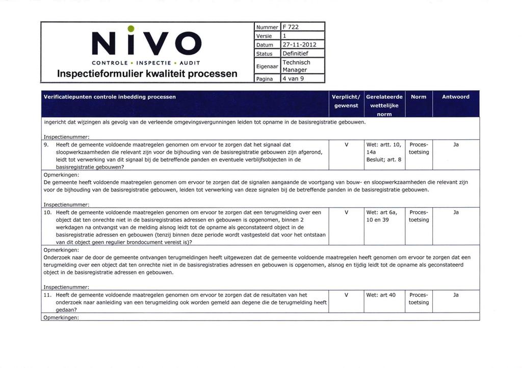 N IVO CONTROLE INSPECTIE AUDIT Inspectieformulier kwaliteit processen F 722 4 van 9 Verificatiépunten controle inbedding processen Verplicht/ Gerelateerde Norm gewenst wettelijke Antwoord ingericht