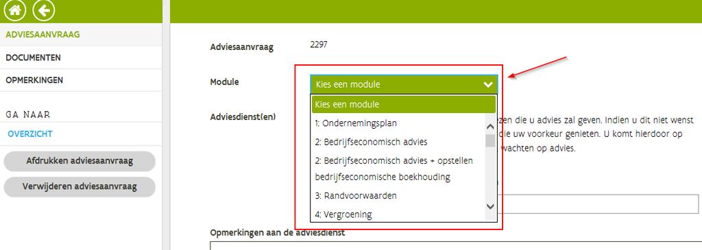 3.2.2 Selecteer de module waarover u advies wenst. LET OP! Bio-landbouwers kunnen module 1 (ondernemingsplan) en module 2 (bedrijfseconomische boekhouding) niet selecteren!