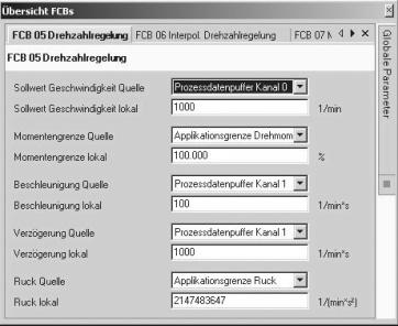 In dit voorbeeld wordt het eerste woord van de IN-buffer toegewezen aan het FCBnummer, het tweede woord aan het toerental en het derde woord aan de integrator.