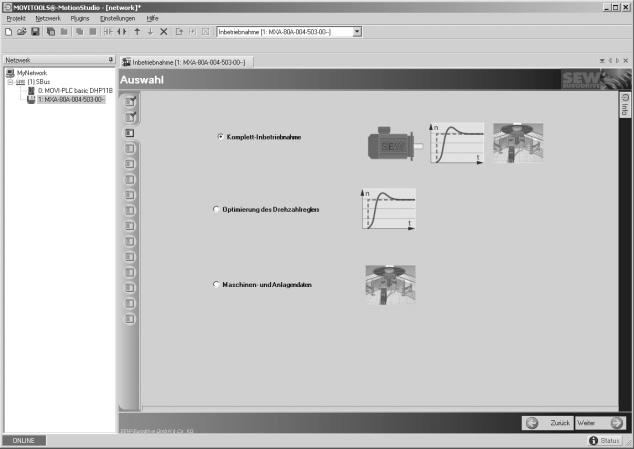 Inbedrijfstelling Beschrijving van de software voor inbedrijfstelling en de parameters I 0 5 Keuzemenu Afbeelding 64: keuzemenu voor de bedrijfssoorten 55552bxx In het keuzemenu kunt u kiezen uit 3