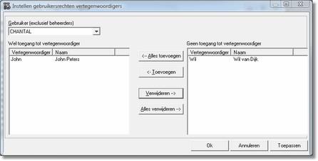 128 Handleiding d-basics 6.5.1.4 Koppelen vertegenwoordigers gebruikers Menu opties: 'Modules', 'D/C analyse', 'Beheer', 'Gebruik ers k oppelen aan vertegenwoordigers' Het scherm 'Instellen