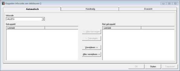 38 4.6 Handleiding d-basics Koppelen INFO codes Infocodes bieden de mogelijkheid facturen of openstaande posten automatisch te groeperen.