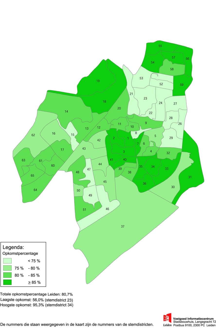 7 Opkomstpercentage Tweede-Kamerverkiezing Leiden 2003, per