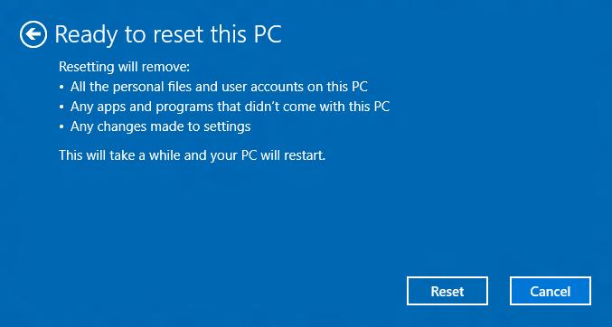 stuurprogramma's die de Windows-installatie eventueel beïnvloeden. 5. Klik op [Reset] (Resetten) om verder te gaan. 6. De voortgang van de reset is zichtbaar op het scherm.