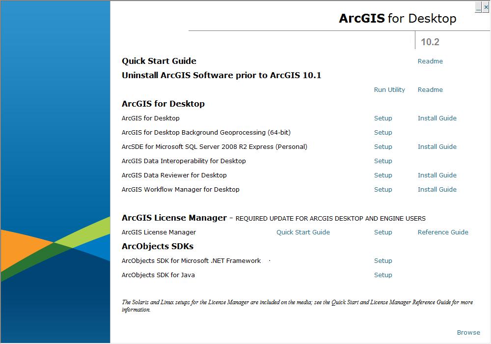 Installeer ArcGIS for Desktop door op Setup te klikken. Het volstaat om de standaard installatieprocedure te volgen. Autorisatie van de software ArcGIS for Desktop 10.