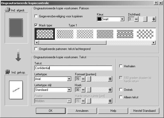 Overige afdrukbewerkingen [Mask type:] instellen in het printerstuurprogramma. Selecteer een patroon bij [Mask type:] en voer de tekst in bij [Tekst:].