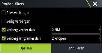 Symboolfilters Alle doelen worden standaard weergegeven op het paneel als er een AIS-apparaat op het systeem is aangesloten.