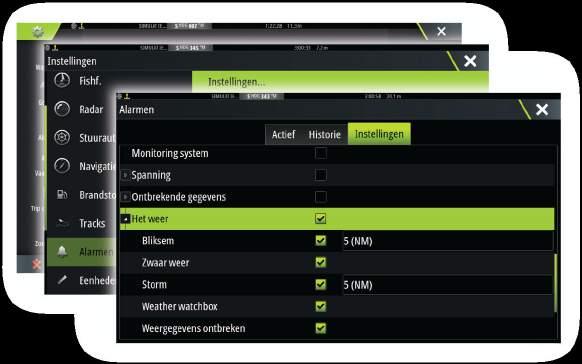 Weeralarmen U kunt de onweer- of stormalarmen instellen wanneer deze omstandigheden zich voordoen binnen een bepaald bereik van uw vaartuig.