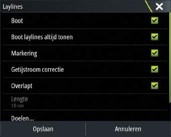 ForwardScan Als u over ForwardScan beschikt en deze optie is geselecteerd, wordt de ForwardScanvaarrichtingsverlenging getoond op de kaart. Raadpleeg "Vaarrichtingsverlenging" op pagina 105.