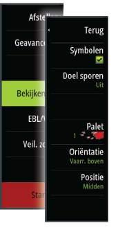 Opties radar weergave Radar symbolen Radarsymbolen gedefinieerd in het Radar instellingen paneel kunnen allemaal aan/uit worden gezet. Zie de afbeelding van het radar paneel met optionele radar items.