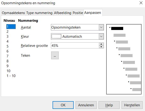 3) Stel de afmeting in voor Breedte van nummering. Dit is de ruimte tussen de nummering of het opsommingsteken en de tekst.