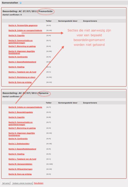 Voorbeeld van de pagina Samenstellen bij Acute Care (Premorbide en Opname) Om de