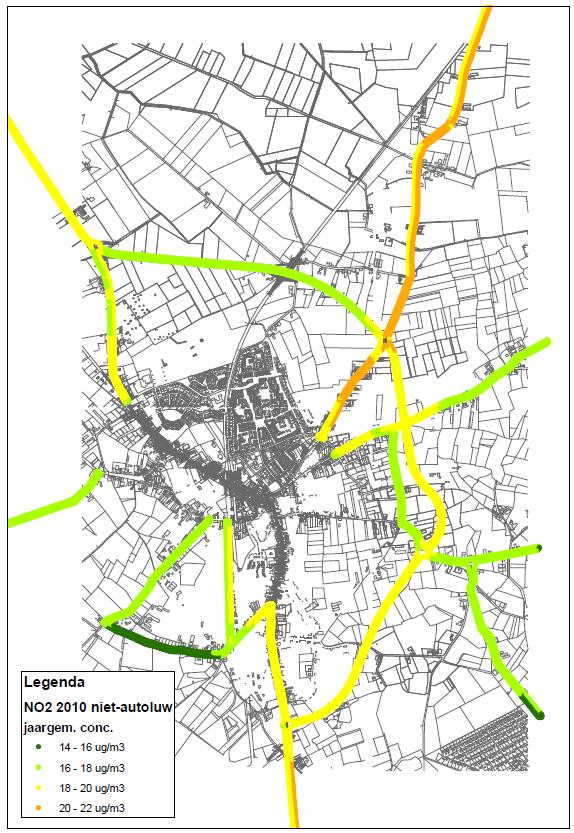 WEGOMLEGGING BAARLE-NASSAU Figuur 4.18 NO 2 jaargemiddelde concentratie buiten de bebouwde kom van Baarle in 2010, niet autoluwe variant Fijn stof - binnenstedelijke situatie In figuur 4.