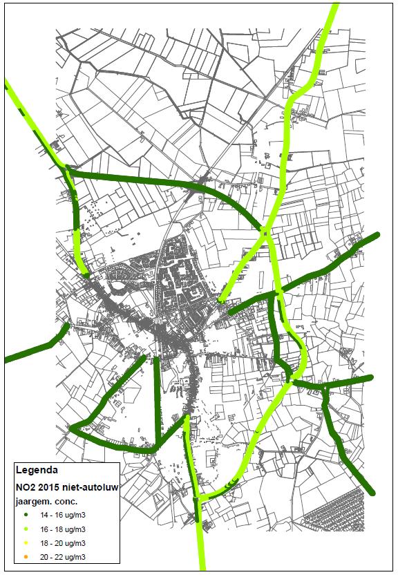 WEGOMLEGGING BAARLE-NASSAU Figuur 4.22 NO 2 jaargemiddelde concentratie buiten de bebouwde kom van Baarle in 2015, niet autoluwe variant Fijn stof - binnenstedelijke situatie In figuur 4.