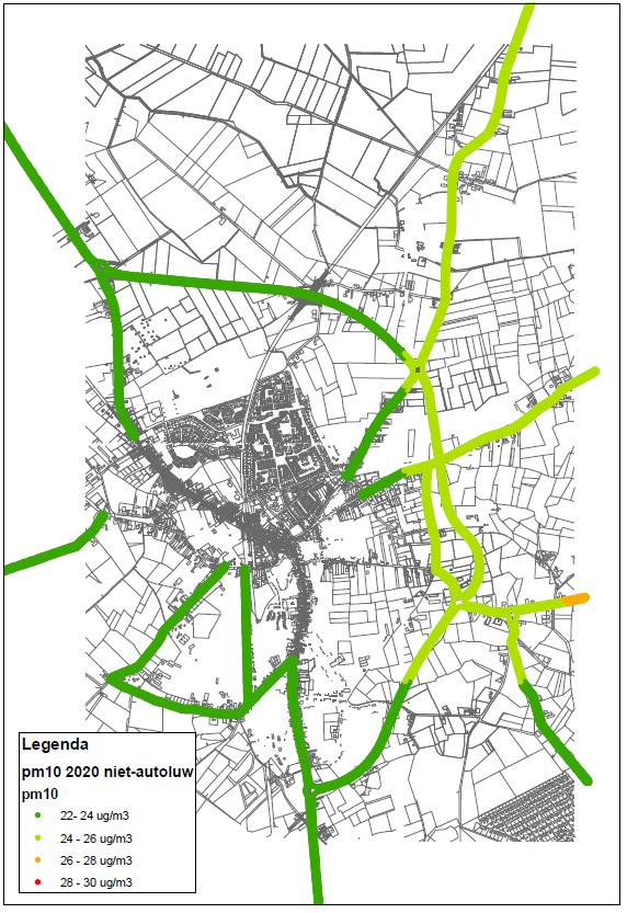 WEGOMLEGGING BAARLE-NASSAU Figuur 4.28 PM 10 jaargemiddelde concentratie buiten de bebouwde kom van Baarle in 2020, niet autoluwe variant 4.