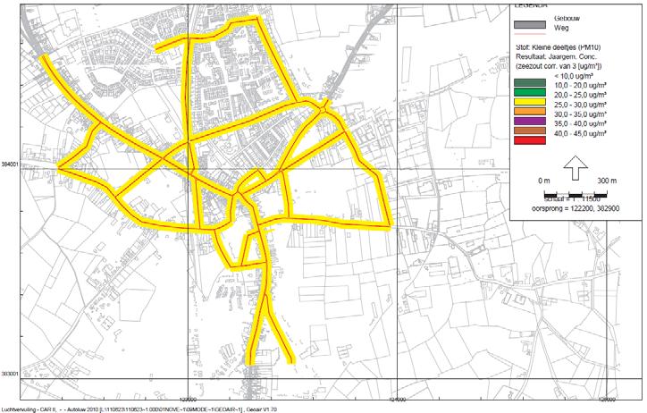 WEGOMLEGGING BAARLE-NASSAU Figuur 4.31 PM 10 jaargemiddelde concentratie in de bebouwde kom van Baarle in 2010, autoluwe variant Fijn stof - buitenstedelijke situatie In figuur 4.