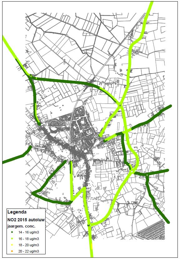 WEGOMLEGGING BAARLE-NASSAU Figuur 4.34 NO 2 jaargemiddelde concentratie buiten de bebouwde kom van Baarle in 2015, autoluwe variant Fijn stof - binnenstedelijke situatie In figuur 4.