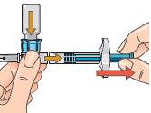 D) De injectievloeistof optrekken 13 Als de zuiger is teruggekeerd in zijn oorspronkelijke positie, duwt u hem weer in de spuit en houdt u hem op zijn plaats.