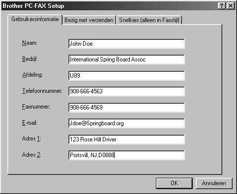 Het dialoogvenster Brother PC-FAX Setup wordt geopend. 2 Voer de benodigde Gebruikersinformatie in. Deze informatie is vereist voor de koptekst van de fax en voor het voorblad.