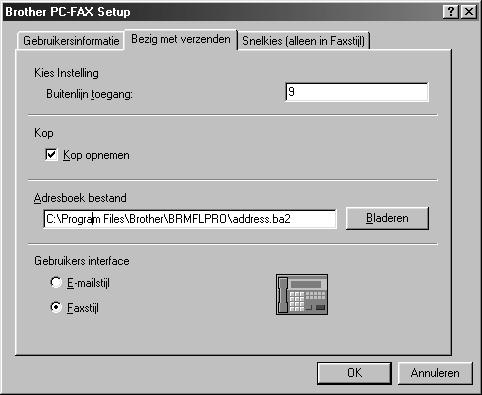 Het verzenden instellen Klik in het dialoogvenster Brother PC-FAX Setup op het tabblad Bezig met verzenden om dit tabblad te openen.