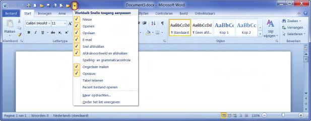 Werkbalk Snelle toegang Rechts van de programmaknop staat de werkbalk Snelle toegang. Hierin staan de knoppen die u veel gebruikt bij het maken van teksten.