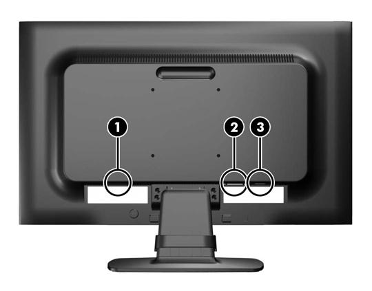 Onderdelen aan de achterkant Afbeelding 3-2 Onderdelen aan de achterkant Onderdeel Doel 1 Netvoedingsconnector Voor aansluiting van het netsnoer op de monitor.