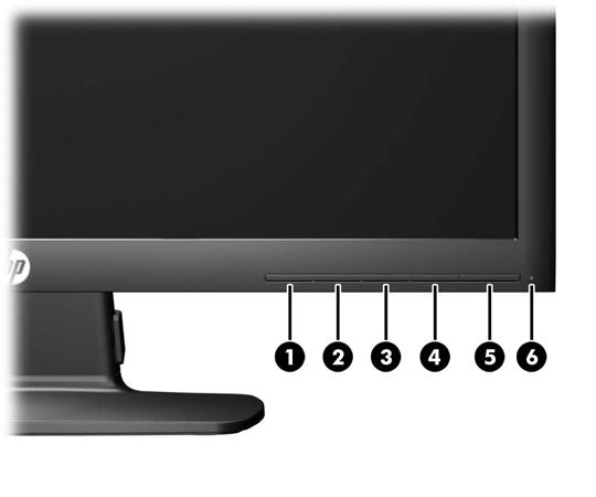 Knoppen aan de voorkant Afbeelding 4-1 Knoppen aan de voorkant van de monitor Tabel 4-1 Knoppen aan de voorkant van de monitor Knop Doel 1 Menu Scherminstellingen openen, selecteren of sluiten.