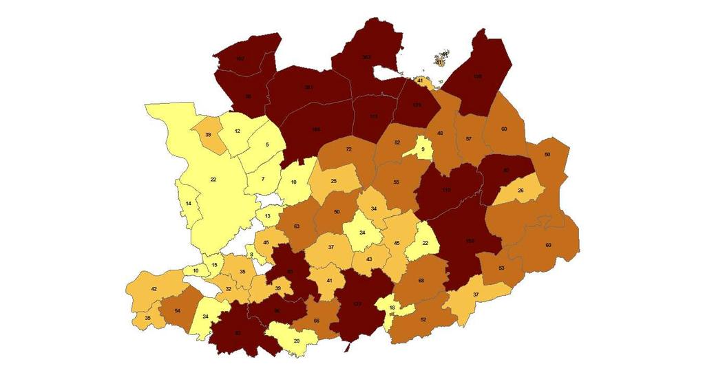 Figuur 6: aantal landbouwers per gemeente in de