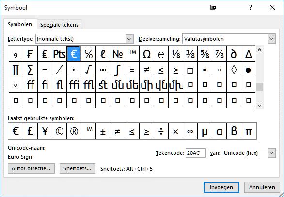 15. Symbolen Het invoegen van symbolen (zoals ë, ç,, ⅝ en smileys enz.) gaat op de volgende manier: Klik op Invoegen Symbool Je krijgt dan onderstaand blad. Kies voor het juiste lettertype.