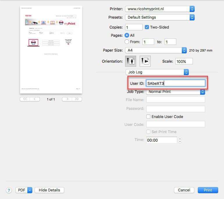 Step 5.5 Paste the myprint ID in the User ID box: Step 5.