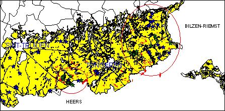 Fig 1: Het onderzoeksgebied in Limburg met de afgebakende kerngebieden, de habitatkaart hamster (Onkelinx, 2000) en de hamsterburchten gevonden in de periode 1998 tem. 2000. Voor de eerste keer werd er ook systematisch geïnventariseerd in Wallonië.