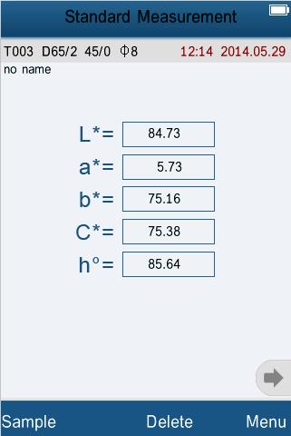5.3 Meting 5.3.1 Richten van de meter Middels het kruis-vizier in de meetopening van de colorimeter kan eenvoudig op het meetdoel gericht worden. 5.3.2 Standaardwaarde meting Standard Measurement De standaardwaardemeting stelt een standaard, oftewel een referentiewaarde, vast die gebruikt wordt voor het vergelijken van de samplewaarden.